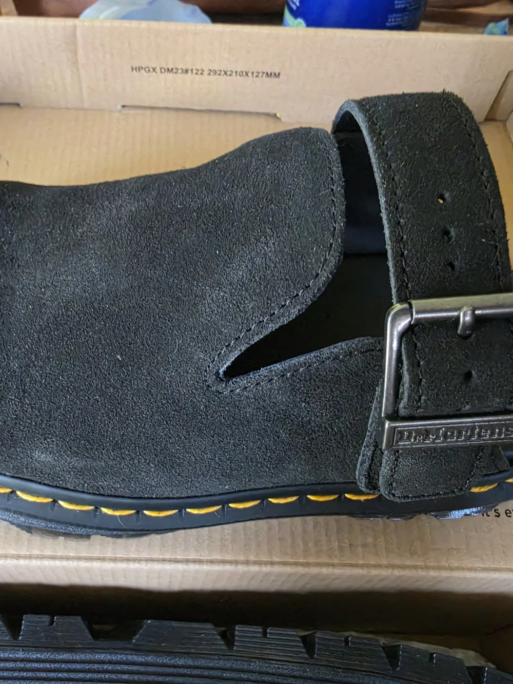 Dr. Martens Black Suede Mule with Yellow Welt Stitching - Picture 8 of 9